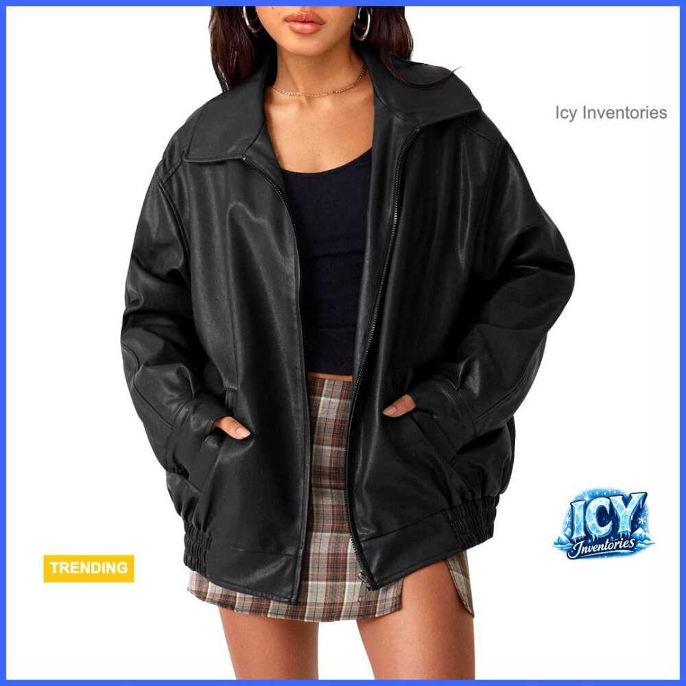 Oversized Faux Leather Motorcycle Jacket with Zipper Closure
